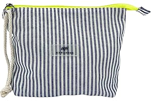 MY WANDER Neceser Mujer de Tela para Maquillaje y Viajes - Estuche Pequeño - Bolsa Impermeable - Organizador Viaje para Playa y Avión con Cremallera Fluor y Cordón 20x28x6cm Fabricado en España (Rayas Azul)