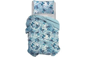 HERMET Stitch, Set Copripiumino Singolo Cotone, Blu, Sacco 155x200, Federa 50x80, Disney, 100% Cotone, Prodotto Ufficiale