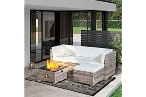Aweather Rattan Garden Furniture Set with Fire Pit Table 5 Pieces Outdoor Sectional Sofa Set, CSA Certification, All Weather Wicker Patio Conversation Sets for Garden, Poolside, Backyard
