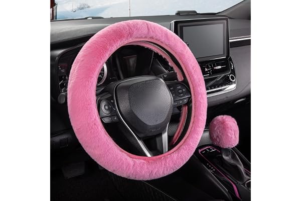 SEG Direct Furry Couvre Volant Voiture avec Couvre de Levier de Vitesse, Protection de Volant Douce, Chaude et Antidérapante pour Hommes, Femmes et Filles, Lot de 2 Pièces, 37-39 cm, Rose