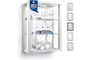 ‎K-MÖBEL K-Möbel Wandvitrine (80x60x25cm) - Made in Germany - Glasvitrine hängend mit 2 höhenverstellbaren Glasböden aus ESG, Spiegel & LED in Weiss - Schrank mit Glastüren - Hängevitrine Glas
