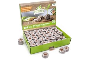 FLORTUS FREUDE AN VIELFALT FLORTUS BIO Kokos Quelltöpfe | 105 Stück (36 mm) mit organischem BIO Dünger | Anzuchterde Kokos torffrei & biologisch abbaubar | Alternative zu Quelltabletten | Anzucht für Samen & Stecklinge