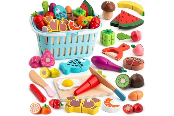 BunnyJOY Dinette Bois Accessoires Cuisine Enfant 2 3 Ans, Fruits et Légumes en Bois à Découper 26 Pièces, Jeu Éducatifs D’Imitation, Jouets Montessori 3 4 5 Ans, Cadeau Filles Garçons