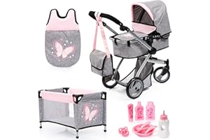 Bayer Design-18333AB Carrozzina per Bambole, Colore Grigio, Rosa, 42cm-74cm, 18333AB
