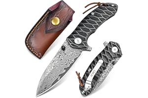 AUBEY Damast Taschenmesser Klappmesser mit Gürtelclip, Scharf Damast Einhandmesser mit Damaststahl Klinge, Edelstahlgriff, Messerscheide, für EDC Männer Outdoor Sammeln Geschenk