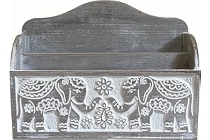 GREYZOUQ Wooden Letter Rack with Indian Elephant Carving - Natural Wood, 24.5cm x 18cm - Perfect for Organizing Letters & Adding Charm"