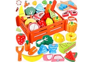 ENCOUN Jouets en Bois Fruits et Légumes, Jeux de Cuisine Enfants avec Bois Panier, Fruits et Légumes Jouet à Couper, Jeu d'imitation Jeux Enfant 3 4 5ans, Montessori Education Jouets Enfants Cadeau