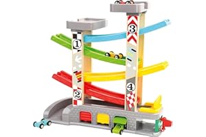 Bino world of toys Rennbahn mit Garagen Autobahn Spielzeug für Kinder ab 3 Jahre (7-Teilig, mit 4 Garagen und Zapfsäulen, besonders robust, Maße: 9 x 33 x 34 cm, inkl.: 4 Holzautos), Bunt