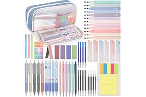 DazSpirit Lot de 61 Fournitures Scolaires Esthétiques avec Trousses, 12 Surligneur Pastel, 4 Stylos Effaçables, 5 Stylos Gel, 6 Porte Mine 0.5 mm et 0.7 mm, Papeterie Aesthetic pour Étudiants (Bleu)