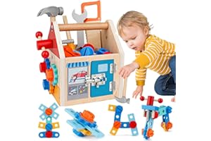FEMBW Cassetta Attrezzi Bambini Giochi Legno, 33 Pezzi Set Attrezzi da Lavoro Bambini, Attrezzi Giocattolo Giochi Educativi, Regalo di Natale per Bambini Ragazzo Ragazza 2 3 4 Anni