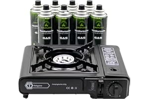 TOLEGANO Gaskocher inkl. 8 Camplora Gaskartuschen und Piezozündung - robuster Campingkocher 1-flammig stufenlos regelbar