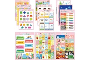 PAIVSUN 12 Pink Pädagogische Montessori Lernposter A4, Alphabet Weltkarte Zahlen Poster für Kinder Vorschule Grundschule, Bilder Kinderzimmer Klassenzimmer Deko Jungen Mädchen