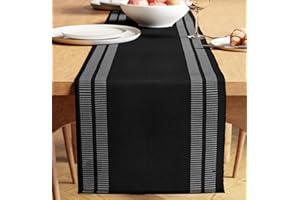 Encasa XO Dining Table Runner 32x183 cm | Yarn Dyed Fine Ribbed Cotton | Ladder Black | Machine Washable