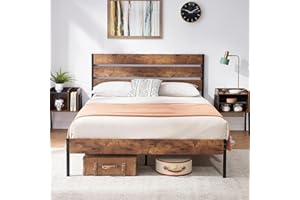 VECELO Cadre de lit 140x190 cm, avec Tête de lit en Bois, Support à Lattes en Métal Solide, Rangement sous Le Lit, Assemblage Facile, Noir et Marron Vintage