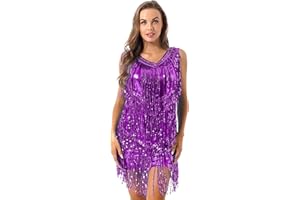 Agoky Damen Ärmellos Pailletten Kleid V-Ausschnitt Glitzer Quasten Partykleid Flapper Kostüm Tanzkleid Samba Tango Latein Outfits