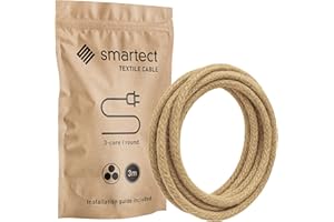 smartect Cable Electrique Textile Jute, Fil Electrique Tissu de 3 Mètres, 3 Conducteurs (3 x 0,75mm²) Cable Tissu Lampe pour Les Projets de Bricolage