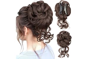 SEGOHAIR Messy Bun Hair Piece Claw Clip Synthetic Tousled Hair Bun, Elastic Hair Donuts for Buns Scrunchy Fluffy Natural Curly Hair Scrunchies for Women Easy Bun Hairpiece Dark Linen