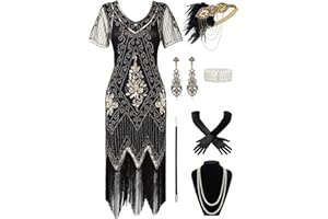 BABEYOND Sukienka damska w stylu lat 20. XX wieku, z krótkimi rękawami, Gatsby, na imprezę, zestaw kostiumowy