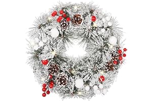 Wieniec świąteczny GLOSKIN, 30 cm śnieżnobiały wianek na drzwi, kołatka świąteczna z jagodami, szyszkami i 30 ciepłobiałymi diodami LED,Płatki śniegu śnieżnego wieńca świątecznego