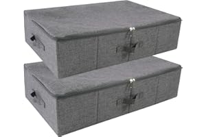 Amonsen Pack of 2, Rigid Underbed Storage Boxes with Zip Lid for Garment, Bedding Sheets, Blankets, Black Gray