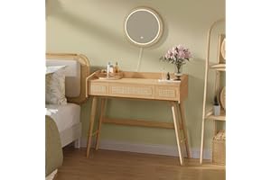 SONGMICS HOME BOHOVEN Kollektion – Schminktisch mit Spiegel, Beleuchtung, Kosmetiktisch 3 Schubladen in Rattan-Optik, Touch-Steuerung, 3 Lichtfarben, dimmbar, Boho-Stil, Schlafzimmer, eichenbeige