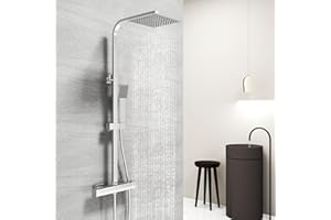 Acezanble Colonne de Douche Thermostatique,Système de douche thermostatique 38°C,Colonne de Douche Acier Inoxydable avec Mitigeur Salle de Bain,20x20CM Pommeau de Douche,Carré,Chromé