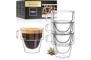 ElbFuchs® Tazas de Espresso Doble Pared [4x150 ml] | Apilables para Ahorrar Espacio | Aislamiento Térmico con Asa | Diseño Práctico en Vidrio Cristalino