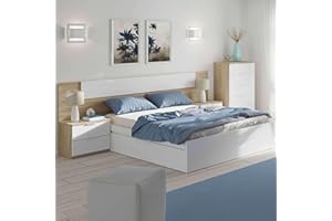 MIROYTENGO Habitación Matrimonio Completa Color Roble Y Blanco Estilo Nórdico (Cama + Cabecero + 2 Mesitas + Cómoda)