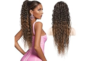 FLUFYMOOZ Ponytail Extension, 26 Inch Bohemian Style Drawstring Ponytail Hair Extensions for Women, Long Curly Wavy Ponytail Natural Synthetic Hairpiece for Women (26 Inch Almond brown)