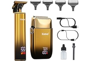 KEMEI Afeitadora eléctrica para hombres con cuchillas dobles flexibles, recortadora de barba, cortapelos y pelo, juegos de cuidado recargable, resistente al agua, Golden, Black