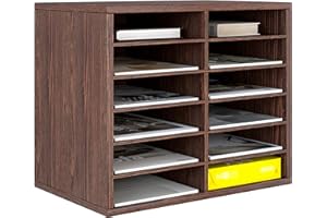 Senhoglb Filing Trays 12 Compartments A4 Paper Organizer Sturdy Mail Sorter Wood Desktop Organizer Wood Literature File Holder for Office 6 Tier Magazine Storage Rack, Retro Brown