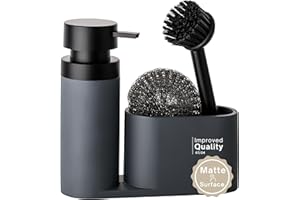 Black Sweden Home® Organizador de fregadero de diseño de piedra artificial con cepillo y esponja de acero – Juego de organizador de cocina negro mate – Dispensador de detergente gris