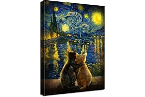 Rolig svart katt, träram, modern stjärnnatt på Rhône, dekorativ duk, bild av Gogh, bilder, dekoration för vardagsrum, sovrum