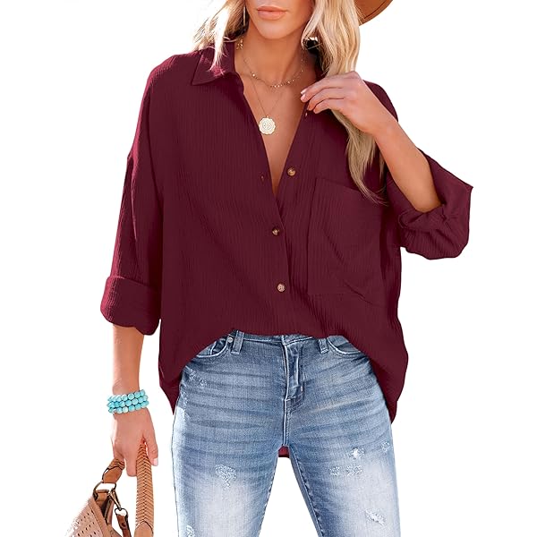 Lonya Mousseline blouse dames elegante V-hals katoen mousseline overhemden lange mouwen lange blouse casual button down bovenstuk blouseshirt hemdblouse tunieken effen tops, blauw, S Lonya Mousseline blouse dames elegante V-hals katoen mousseline overhemden lange mouwen lange blouse casual button down bovenstuk blouseshirt hemdblouse tunieken effen tops, blauw, S