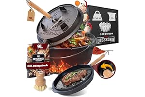 ‎GUSSKÖNIG GUSSKÖNIG Dutch Oven Set - Eingebrannter Dutch Oven 9 Liter [6-10 Person]-Feuertopf Gusseisen mit Füßen-Schmortopf Doppelfunktion-2in1 Deckelheber, Bürste & DutchOven Rezeptbuch-30 Jahre Garantie