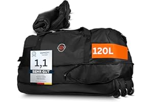 Große Reisetasche mit Rollen 120 L – Faltbare Rolltasche & Sporttasche XXL – leicht, robust & platzsparend – ideale Reisetasche zum Ziehen für Urlaub, Sport & Training (Schwarz)