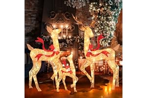 COSTWAY Conjunto de Ciervos Navideños Iluminados de 3 Piezas, Familia de Renos Navideños 440 Luces LED Blancas Cálidas, Decoración Navideña Interior Exterior