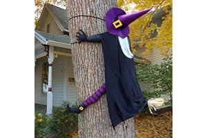 GIIFFU Deko Halloween Outdoor-145CM Höhe Große Halloween Hexe Kracht Gegen Baum, Gruselige Halloween Hexe Figuren am Baum Hängend Garten Dekorationen draußen, Riesige Halloween Deko für Veranda Fenster Hof