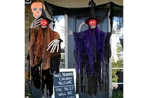 NEMMXUB 2 Stück Halloween Hängende Geister, 105 * 85cm Halloween Deko Hängender Geist Mit Glühenden Roten Auge, Halloween Hägende Skelett Geister Deko Für Halloween Deko Outdoor Indoor Garden Party