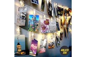 Exqline LED Photo Clip String Lights 40 Photo Peg Lights 5M Battery Powered Christmas Fairy Lights Perfect for Hanging Photos, Notes, Paintings Card and Memos Indoor Outdoor Decoration - Warm White
