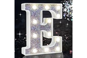 HEYCOLOR LED Marquee Letter Lights, Light Up Silver Letters for Bedroom Glitter Gifts for Teenage Girls Alphabet Letter Sign Battery Powered Night Light Birthday Party Wedding Home Decoration, Silver Letter E