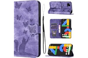 LSPCASA Google Pixel 4A Phone Case For Google Pixel 4A 5.81 inch Premium PU Leather Material Google Pixel 4A Case With Card Slots Cat Butterfly Pattern Cover Purple