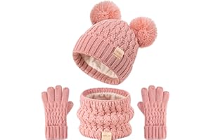Tontuland Kinder Wintermütze Schal Handschuhe Set Kinder warm stricken Fleece gefüttert PomPom Hut für Kinder im Alter von 3-9, perfekt für Jungen und Mädchen