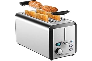 STEINBORG Toster z długim otworem | 4 kromki | toster XXL | 1500 W | 6-stopniowy regulator opiekania | nakładka na bułki | funkcja rozmrażania | szuflada na okruchy | stal nierdzewna | toster z podwójnym otworem | wyświetlacz LED