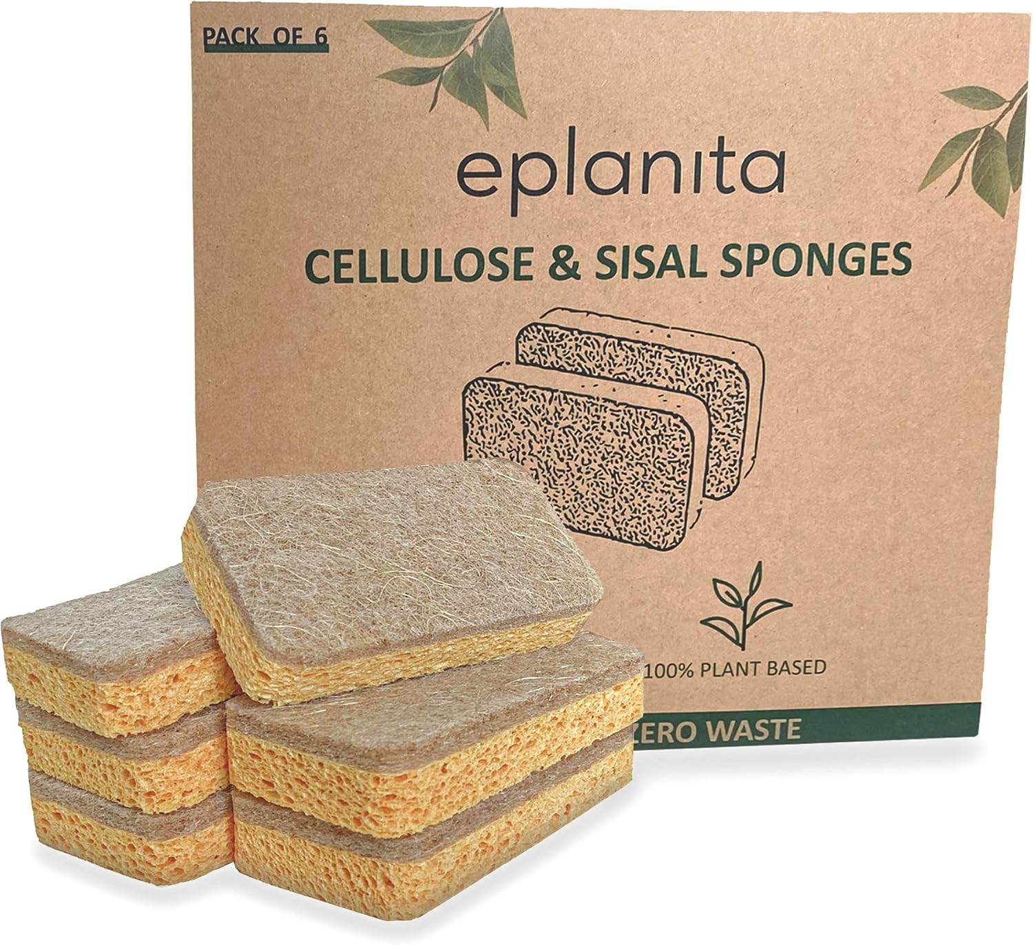 eplanita Esponjas naturales a base de plantas (paquete de 6), antiarañazos, biodegradables, ecológicas, para cocina y baño
