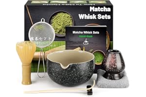 KURKIP Matcha Set, Ensemble de Fouet à Matcha, Japanisches Tee-Set mit Matcha Besen, Matcha Schale und Besenhalter aus Keramik, Matcha Löffel, Sieb, Teetuch, Matcha Zubehör(7 Teiliges), Schwarz gesprenkelt