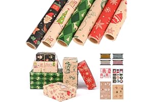 GuKKK Rouleau Papier Cadeau Noel 6 Rouleaux, 43 cm x 3 m Rouleau de Papier d'Emballage de Noël, Motifs de Christmas Wrapping Paper pour Noël pour Emballage Cadeau de Fête
