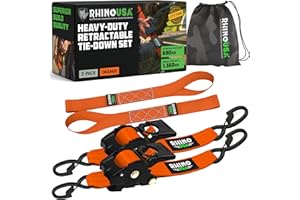 Rhino USA Retractable Ratchet Straps (2-Pack) - 5cm x 3m (1,360kg Break Strength) - Heavy Duty Auto Self-Retracting Tie Down Straps for Truck, Cargo Trailer, Motorcycle, Bike & More - Orange