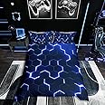 Homewish Honeycomb Comforter Cover Neon Light Geometric Bedding Set Single For Kids Boys Teens,Geometry Hexagonal Duvet Cover Soft Microfiber Quilt Cover Zipper 1 Pillow Case Blue Black Room Decor