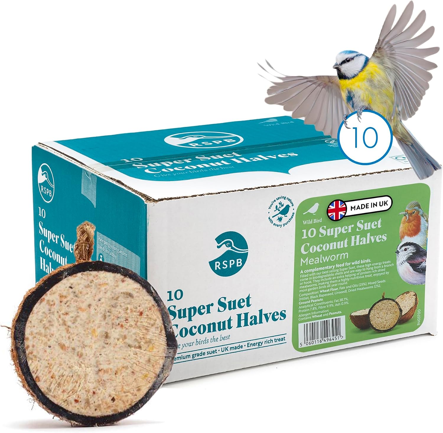 RSPB - Coconut Halves, Bird Food for Outside Birds, Wild Food with Suet, Dried Mealworms, Seeds, and Cereals, High Energy, Filled in the UK, Suitable for Year-Round Feeding (10 x 320g)